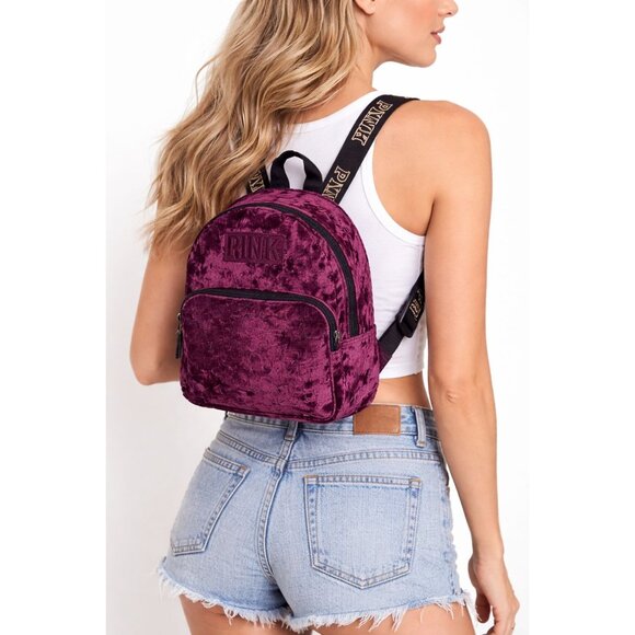 Victorias Secret PINK Handbags - Victoria’s Secret PINK Burgundy Crushed Velvet Mini Backpack | Logo Straps | Zip
